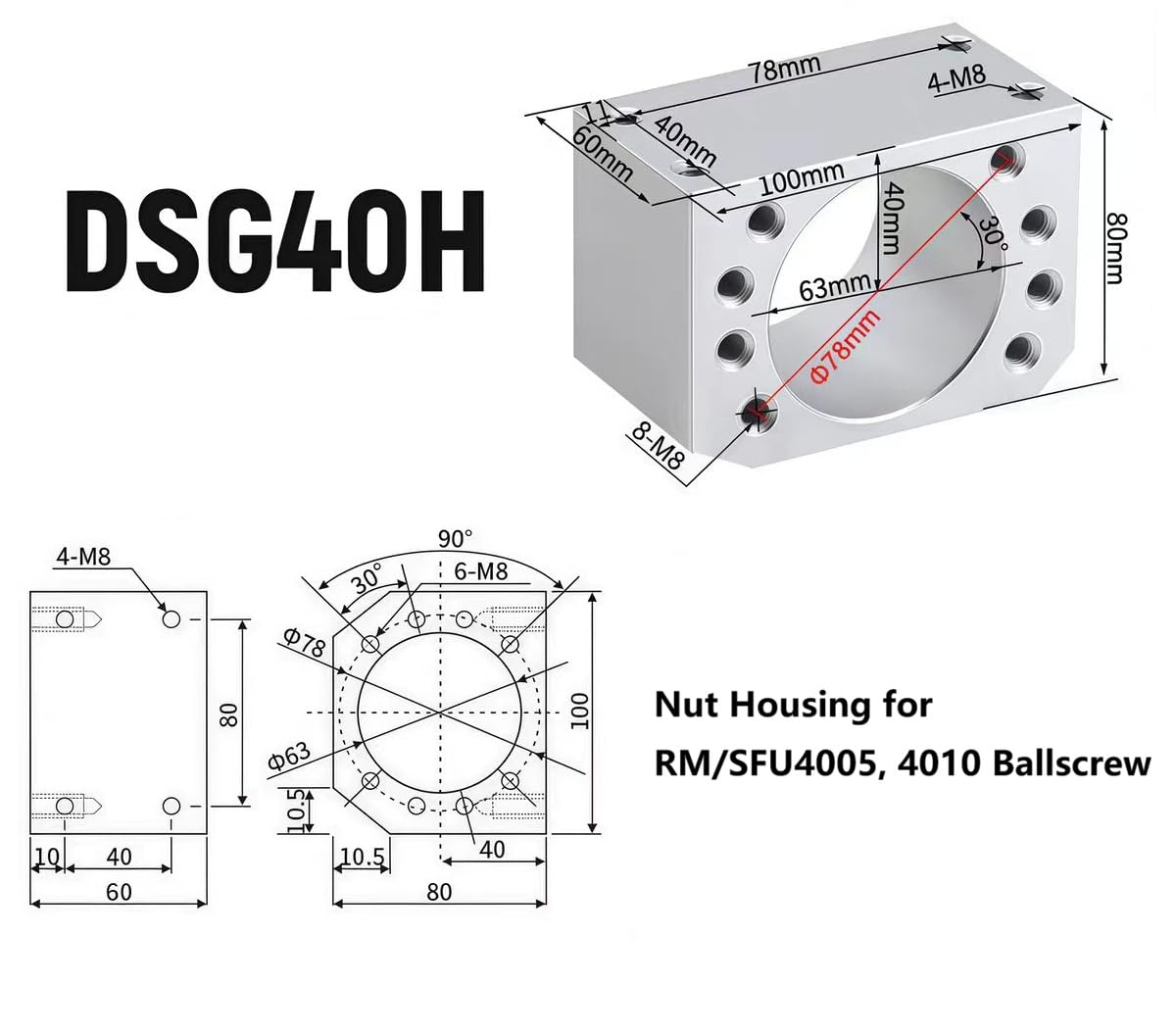Ball Screw Nut Housing Nut Bracket Holder for RM/SFU4005, 4010 Ballscrew 40mm for CNC Machine Part