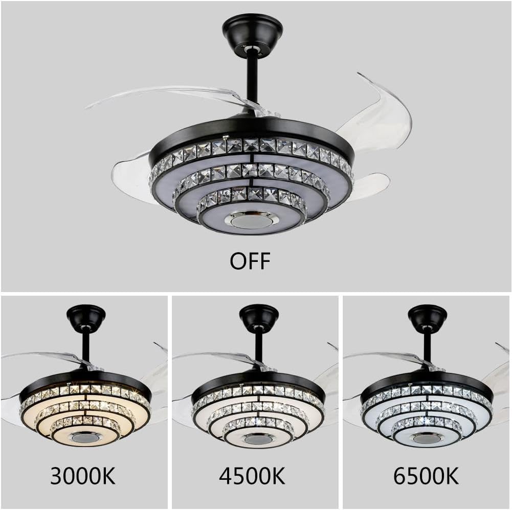 42inch Bluetooth Crystal Ceiling Fan Lights with Music Player and Remote Control Chandelier, Retractable Blades Fandelier with 3 Speed 7 Color Dimmable LED Kit Included