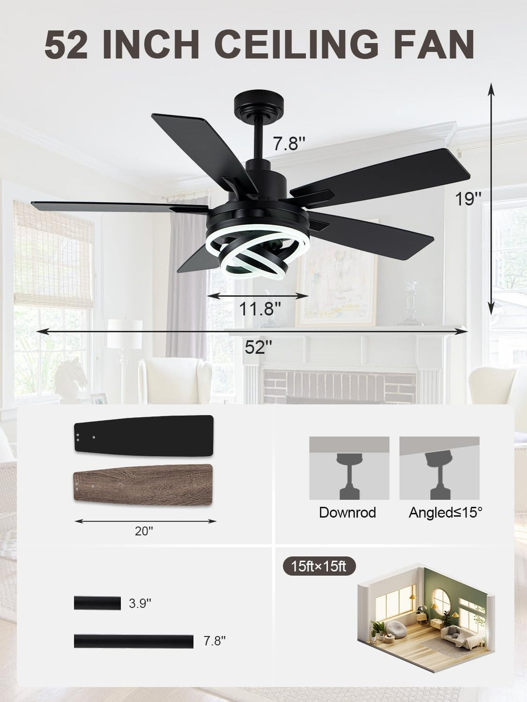 Bella Depot 52 Inch Ceiling Fans with Lights and Remote, Modern Black Chandelier Ceiling Fans DC Motor Reversible Fandelier Ceiling Fan Light for Farmhouse Indoor/Outdoor Bedroom, Living Room (Black)
