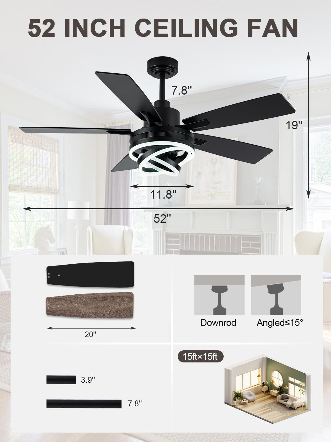 Bella Depot 52 Inch Ceiling Fans with Lights and Remote, Modern Black Chandelier Ceiling Fans DC Motor Reversible Fandelier Ceiling Fan Light for Farmhouse Indoor/Outdoor Bedroom, Living Room (Black)