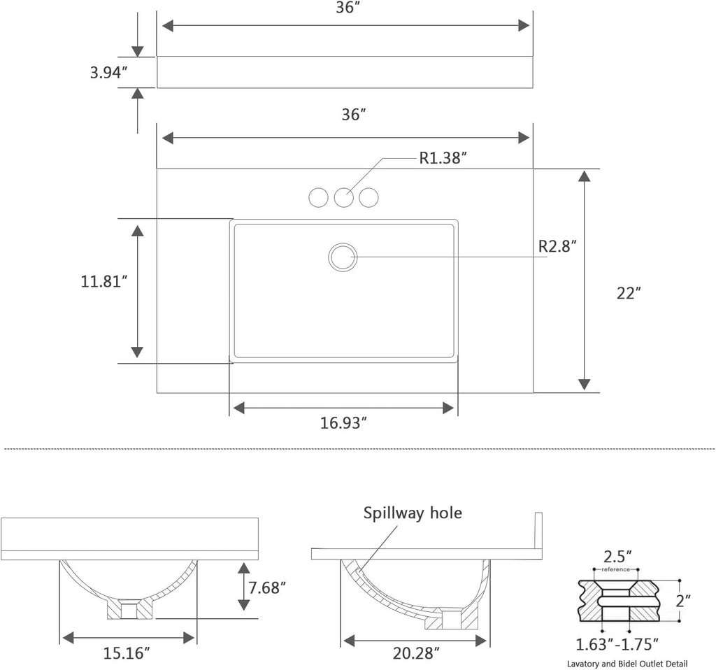 36 Inch Engineered Stone Bathroom Vanity Sink Top, with Undermount Rectangular Middle Sink, Vanity Countertop with 8 inch Faucet Hole Spacing and Backsplash in Lightning White