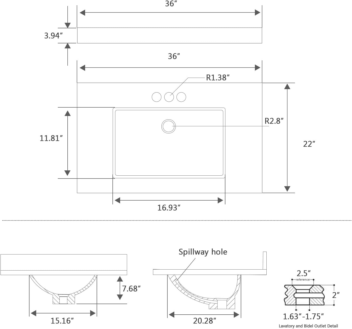 36 Inch Engineered Stone Bathroom Vanity Sink Top, with Undermount Rectangular Middle Sink, Vanity Countertop with 8 inch Faucet Hole Spacing and Backsplash in Lightning White