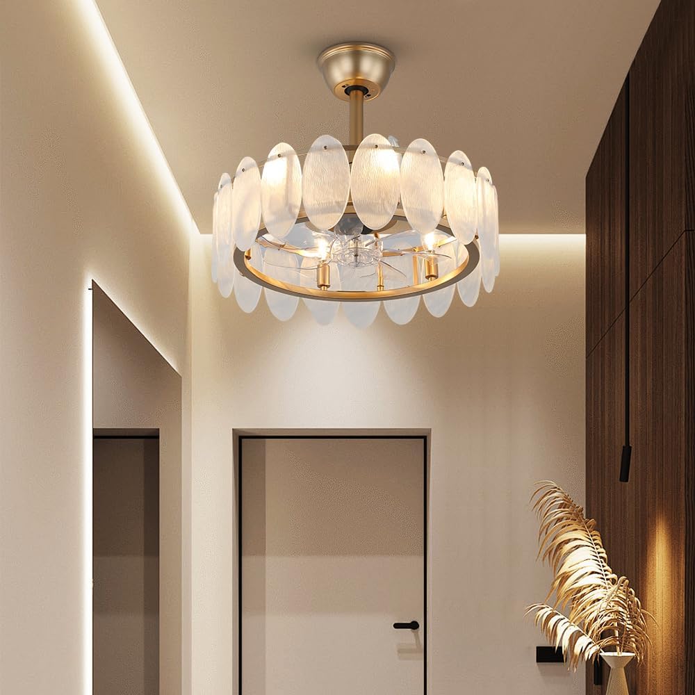 Deckrico 20' Gold Ceiling Fan with Crystal Light Modern Crystal Fandelier Chandelier Semi Flush Mount with Remote Control 6 Speeds for Bedroom, Living Room, Dining Room