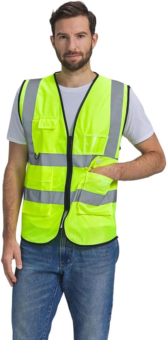 Custom Logo Safety Vest High Visibility Reflective Vest Class 2 Standard with Pockets and Zipper