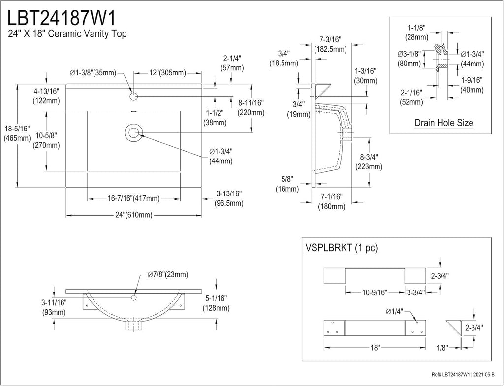 Kingston Brass LBT24187W1 Ultra Modern 24-Inch Ceramic Vanity Sink Top (1 Hole) in White