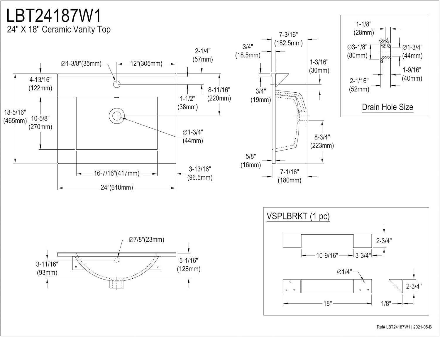 Kingston Brass LBT24187W1 Ultra Modern 24-Inch Ceramic Vanity Sink Top (1 Hole) in White