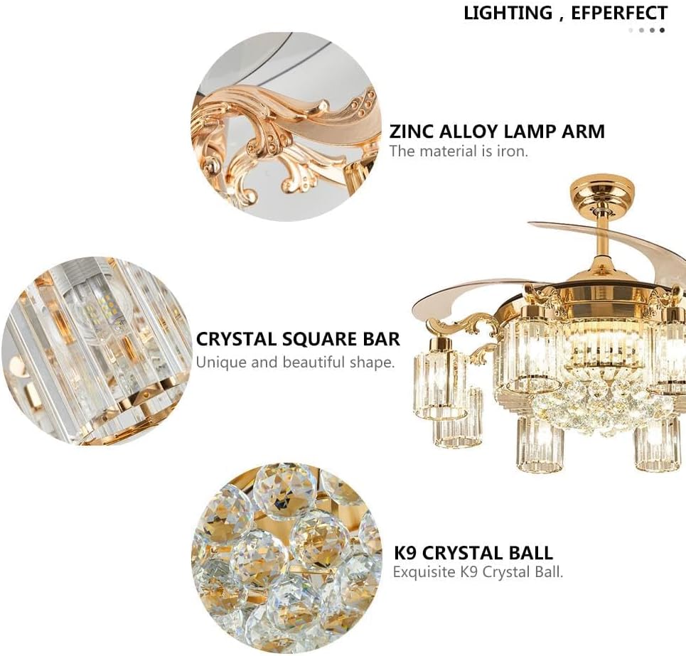 42' Modern Fandelier Ceiling Fan with Light and Remote, Gold Crystal Chandelier Fan with 8-Light Reversible Blade 6 Speed Change Silent Motor for Living Dining Room