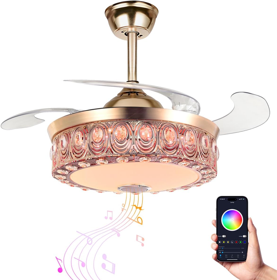 Gold Retractable Ceiling Fan with Lights and APP Remote RGB Colorful Changing Crystal Chandelier Bluetooth Ceiling Fan Music Player 3 Speeds Smart Fandelier Ceiling Fan Lighting Fixture