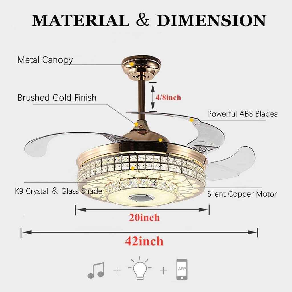 Fandian 42' Modern Smart Crystal Ceiling Fans with Lights and Remote Control, Retractable Bluetooth Speaker Chandeliers, 3 Colors Lighting Fandelier Fixtures for Bedroom, Living Room