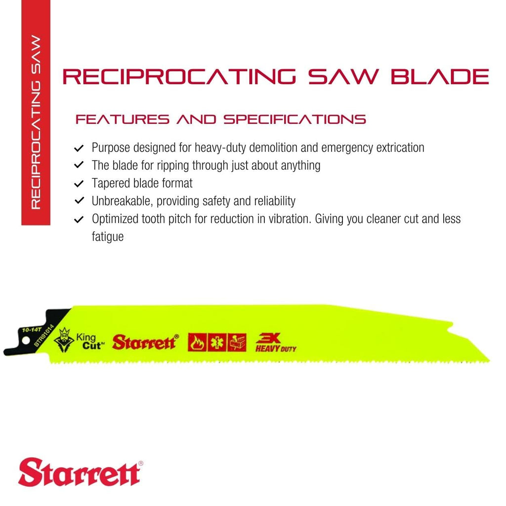 Starrett Bi-Metal King Cut Fire Rescue and Demolition Reciprocating Saw Blade - 9' Length, 1' Width, 0.63' Thickness, Tapered Blade, 10-14 TPI - 20-Pack - BTR91014-20