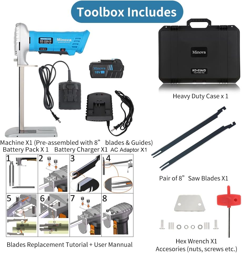 Brushless Foam Rubber Cutter 8' Kit, Cutting of All Densities of Rubber, upholstery foam cushion & Flexible Plastic Foam, Heavy-Duty Cutting Tool (Cordless/Corded)
