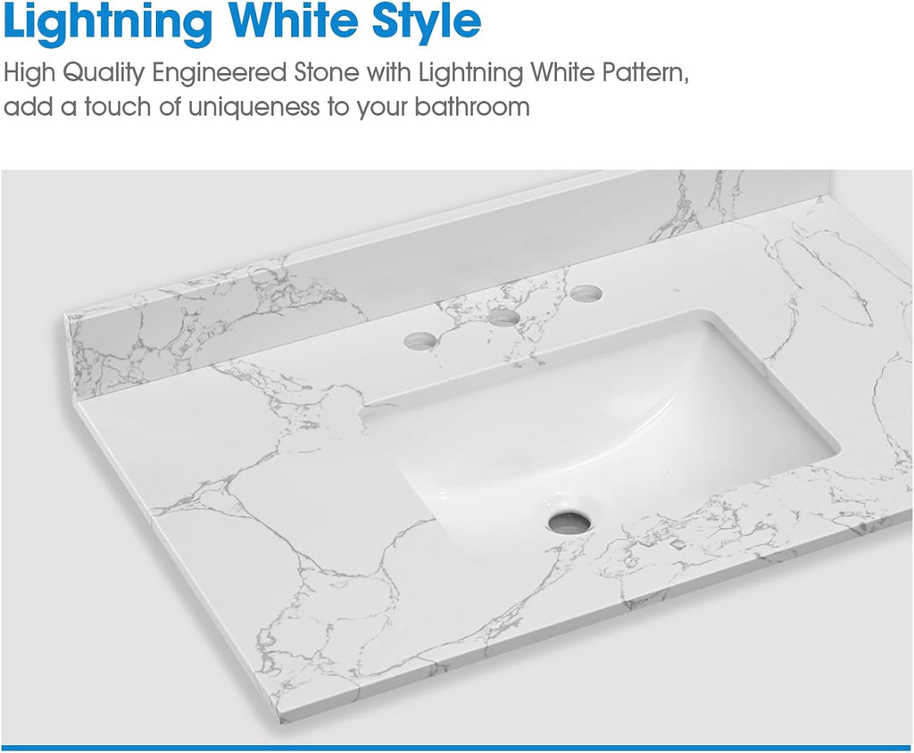 36 Inch Engineered Stone Bathroom Vanity Sink Top, with Undermount Rectangular Middle Sink, Vanity Countertop with 8 inch Faucet Hole Spacing and Backsplash in Lightning White