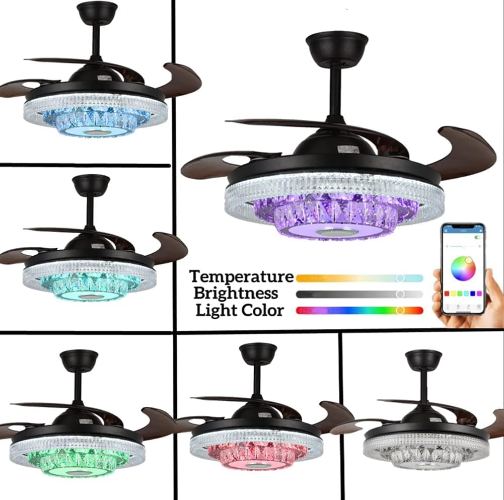 42inch Crystal Ceiling Fan Light with Bluetooth Speaker Reversible 6 Speeds Invisible Chandelier with Remote Control 3 Colors Change LED Light Dimmable Fandelier Music Lighting Fixture