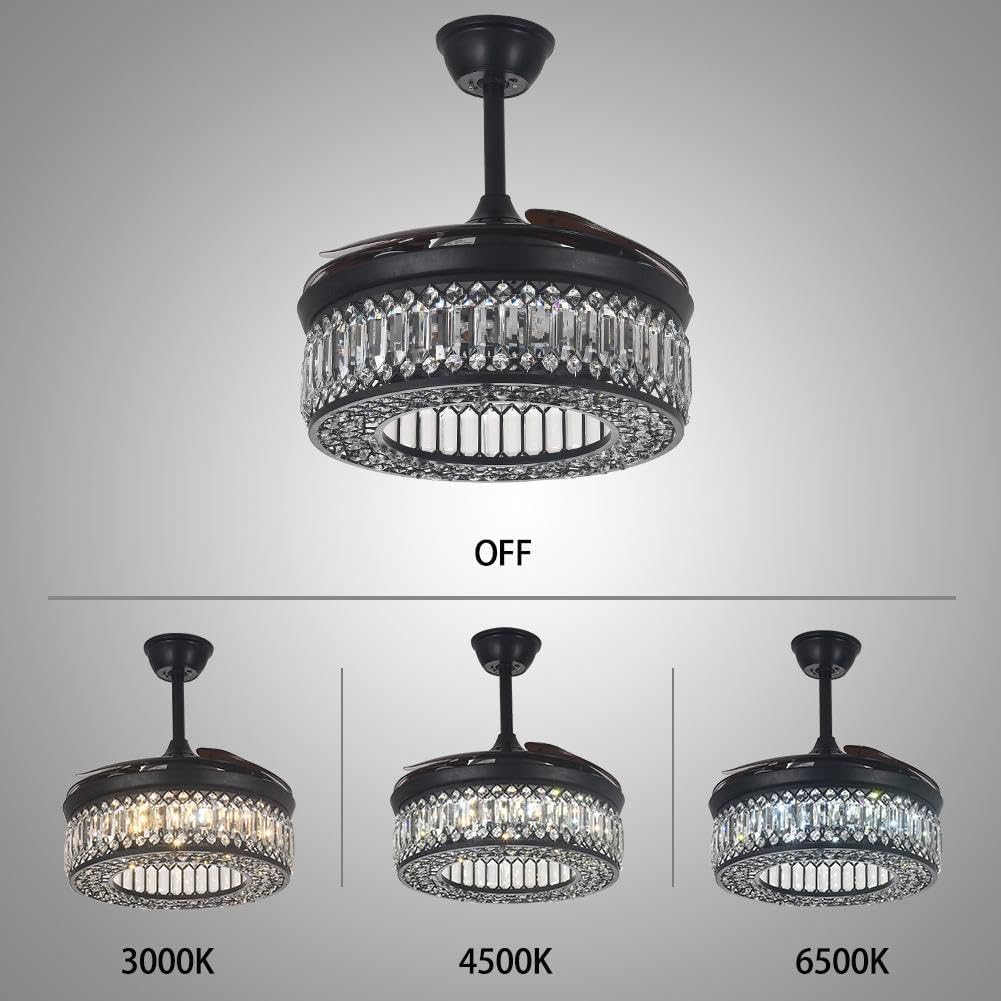 42' Crystal Ceiling Fan Fandelier with Lights and Remote Control Modern Chandelier Ceiling Fan with Reversible Blades 6 Speed, 3 Timing for Dining Room Living Room Bedroom,Black