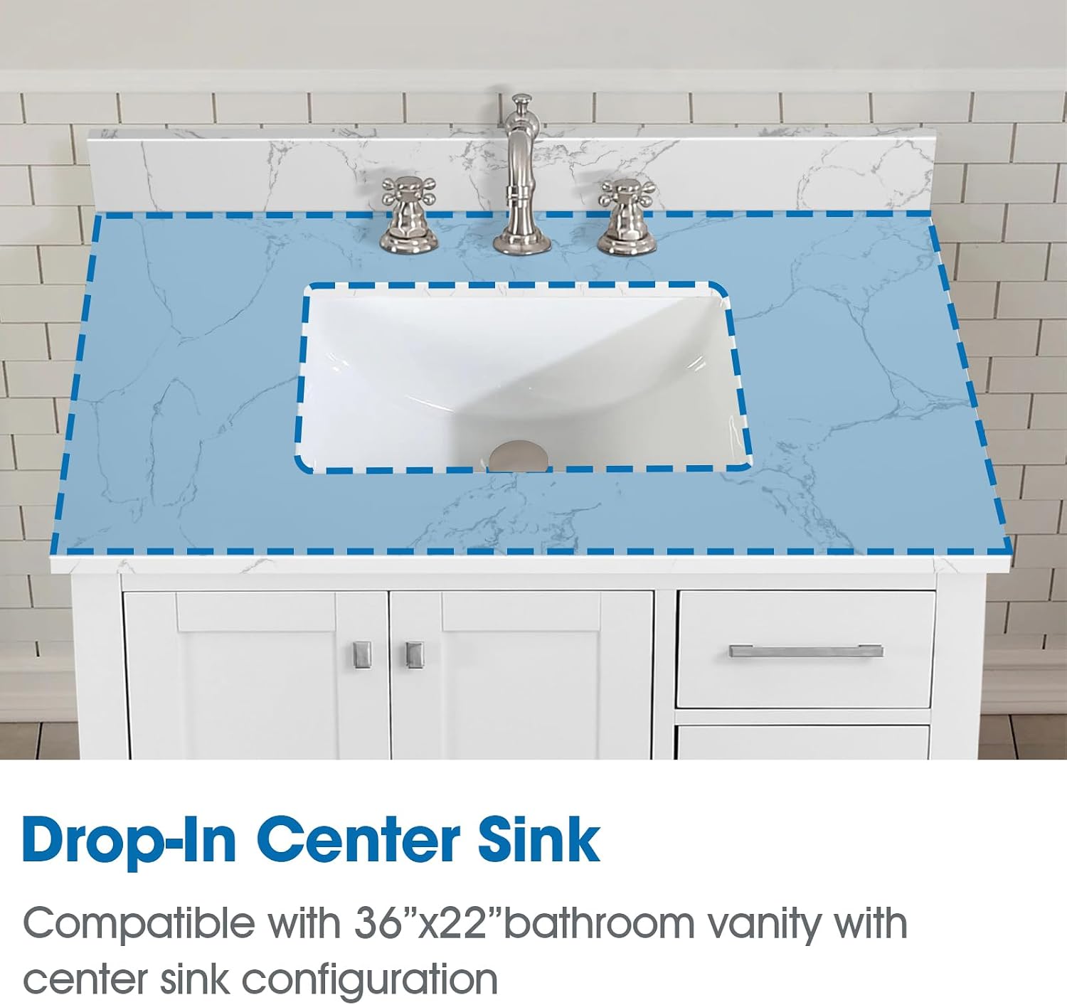 36 Inch Engineered Stone Bathroom Vanity Sink Top, with Undermount Rectangular Middle Sink, Vanity Countertop with 8 inch Faucet Hole Spacing and Backsplash in Lightning White