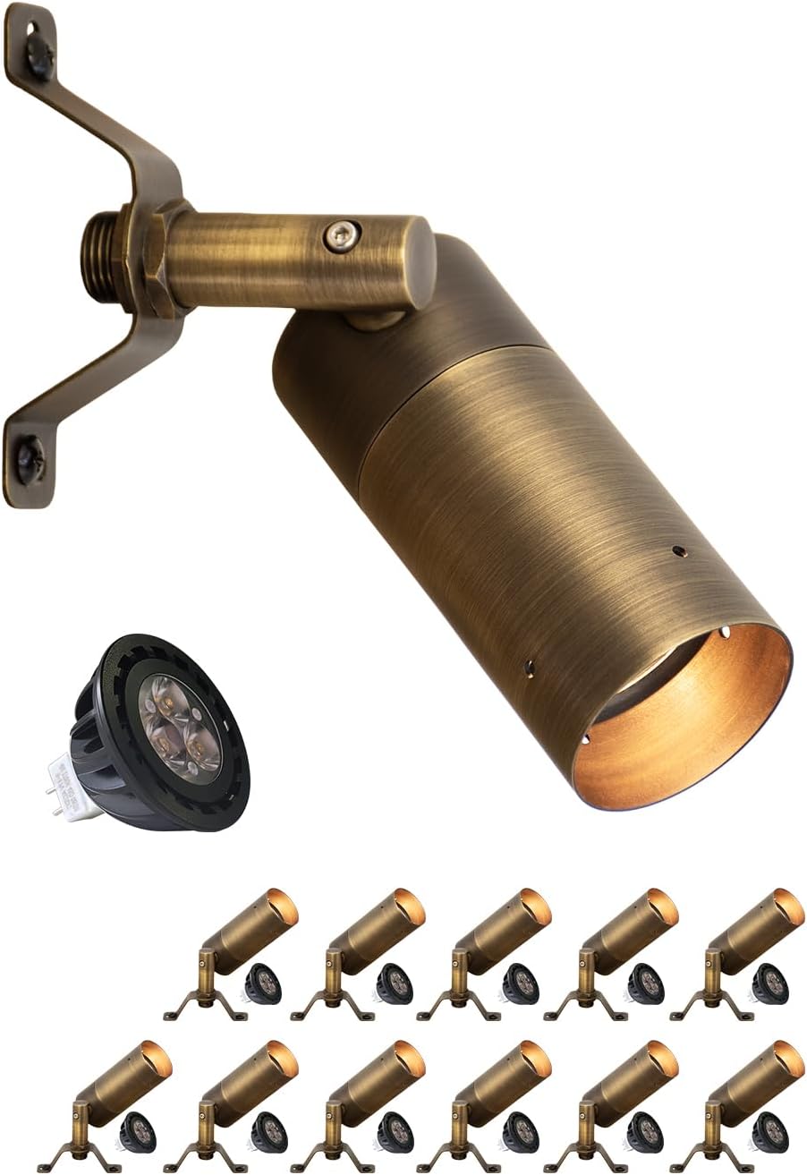 MALORY Brass Landscape Spot Down Light, Low Voltage Led Downlights Tree Light Outdoor Landscape Lighting for Yard, Garden, Lawn, Wall, Patio with 5W MR16 LED Bulb 2700K Warm White（12 Pack）