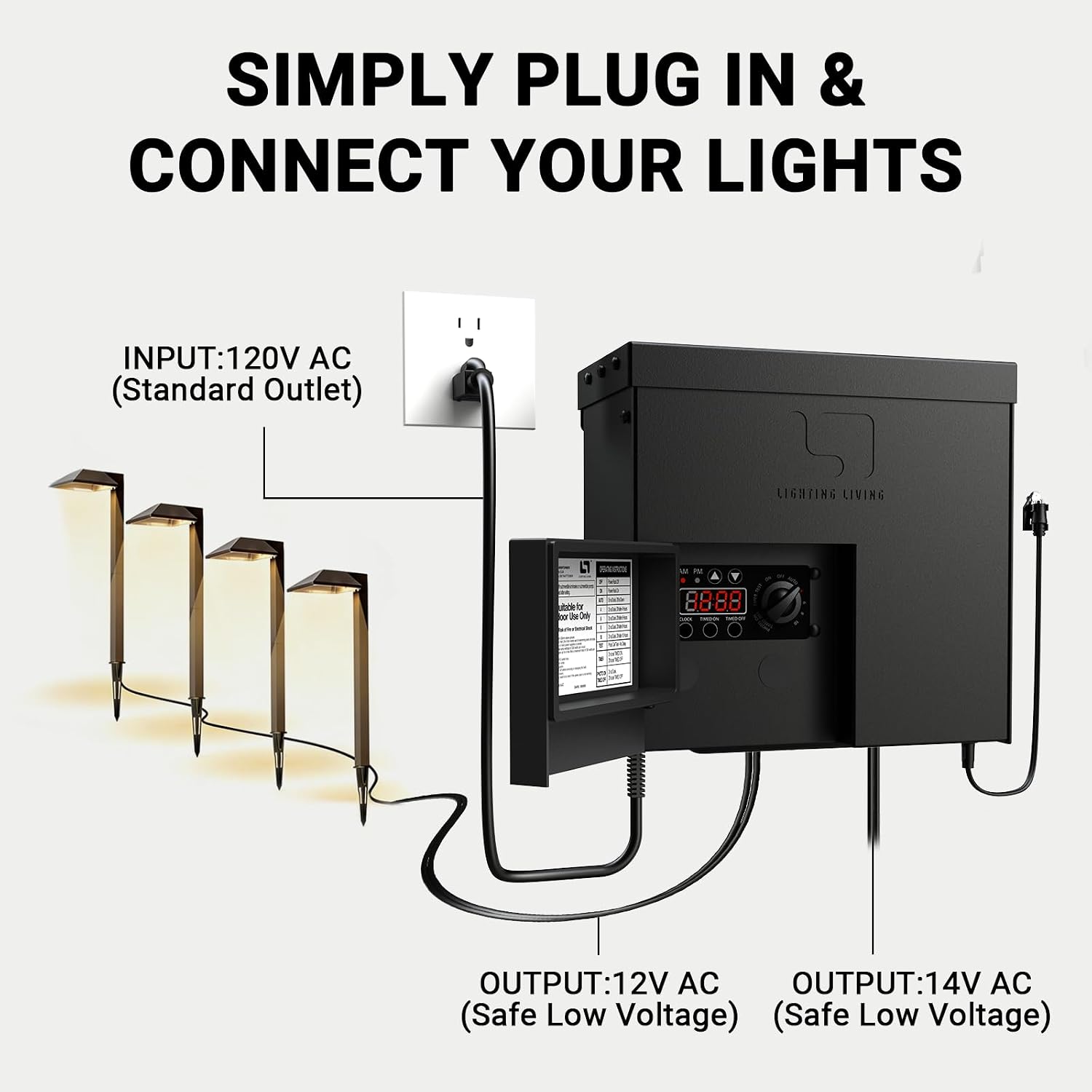 Low Voltage Transformer 600W Landscape Outdoor Lighting Transformer 120V AC to 14V &12V AC Weatherproof for Outdoor Lights, LED Spotlights and Pathway Garden Lighting