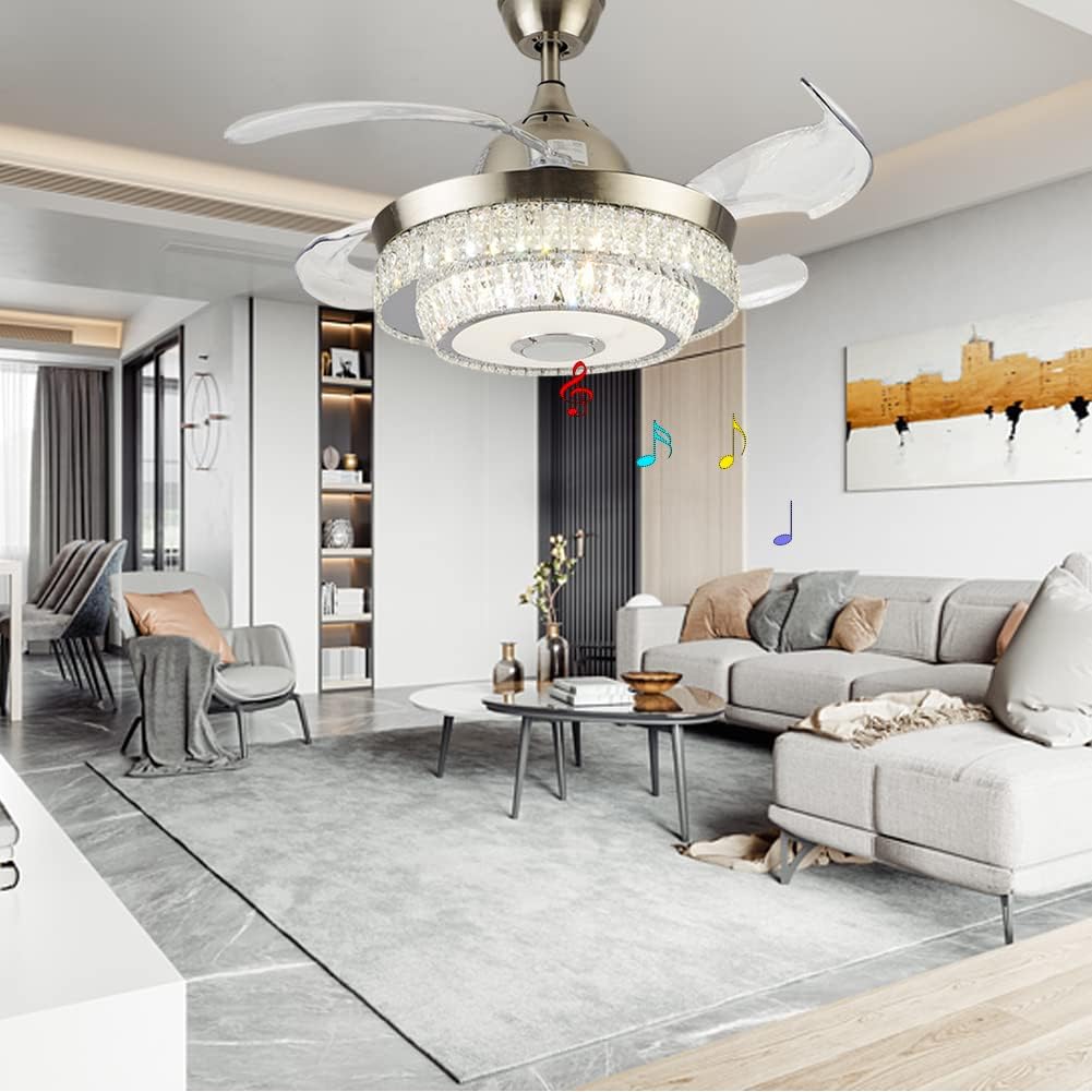 42 inch Bluetooth Ceiling Fan with 7 Colorful Dimmable, Retractable Crystal Chandelier Fans with Remote Control 3 Lights Level and 3 Speed for Bedroom Living Room