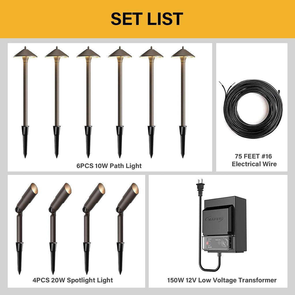 10PK Low Voltage Landscape Lighting Kit 6PCS 10W Path Lights 4PCS 20W Spotlights 75Feet Electrical Wire and 150W 12V Transformer 9903-10