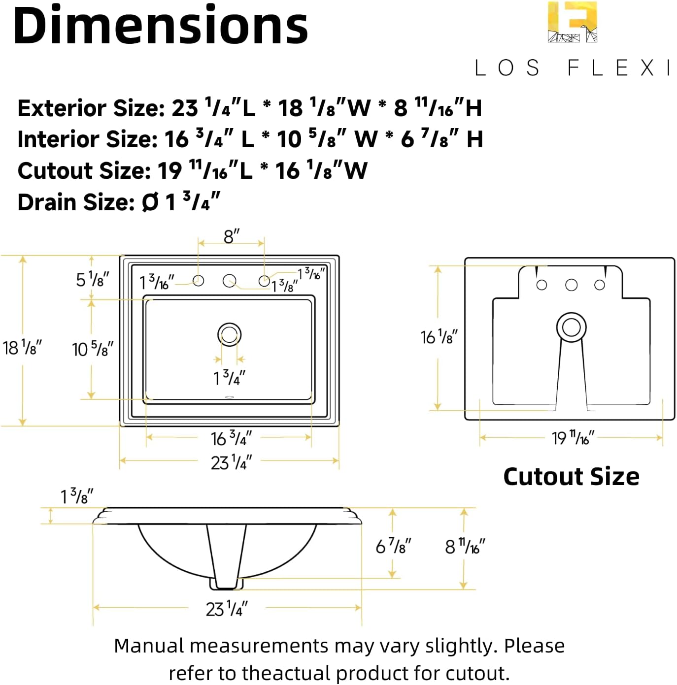 23'W x 18'D Drop In Bathroom Sink Rectangle With 3 Holes for 8' Widespread Faucet, Los Flexi 23 Inch White Ceramic Vanity Top with Front Overflow, Vintage Top Mount Sink for Bathroom Countertops