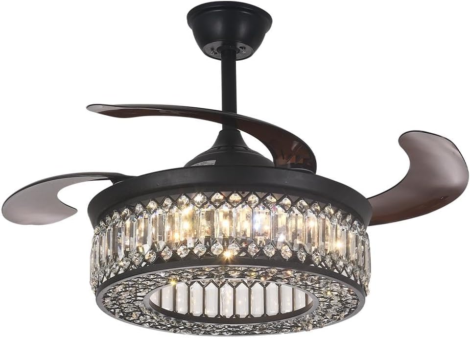42' Crystal Ceiling Fan Fandelier with Lights and Remote Control Modern Chandelier Ceiling Fan with Reversible Blades 6 Speed, 3 Timing for Dining Room Living Room Bedroom,Black