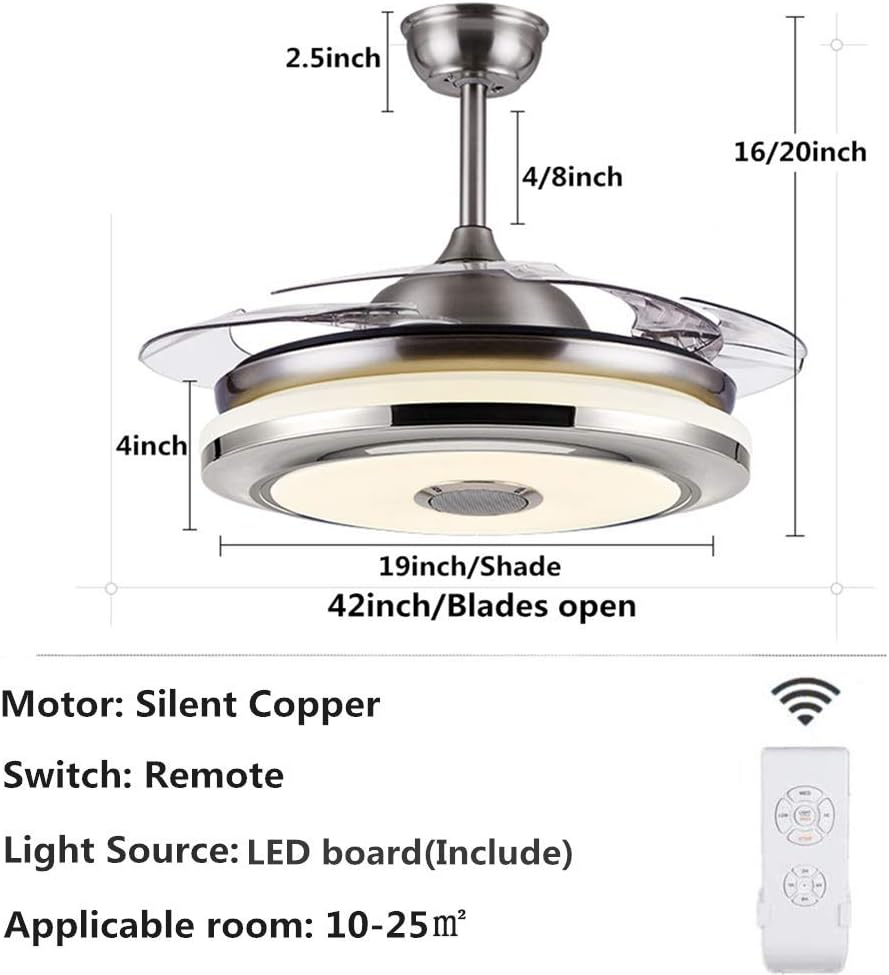 Fandian 42'' Modern Smart Ceiling Fans with Light,Bluetooth Speaker Music Player Chandelier, 3 Colors 3 Speeds Retractable Blades with Remote Control, Silent Motor with LED Kits (42in-Silver1)