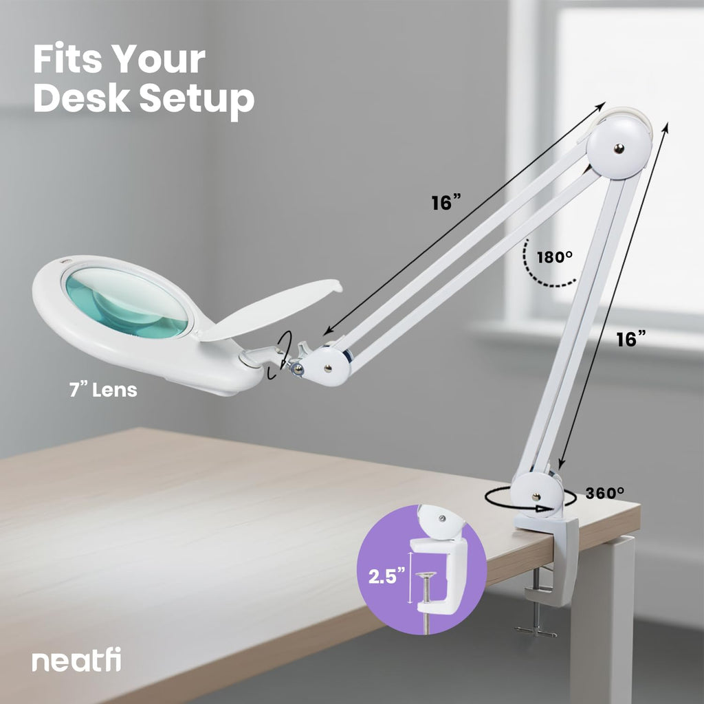 Neatfi Elite XL HD Super LED Magnifying Lamp with Clamp – 7' Glass Lens, 5-Diopter, 6500K Daylight | Glare-Free, Adjustable Arm | Reading, Sewing & Crafting (7 Inch Lens, White)