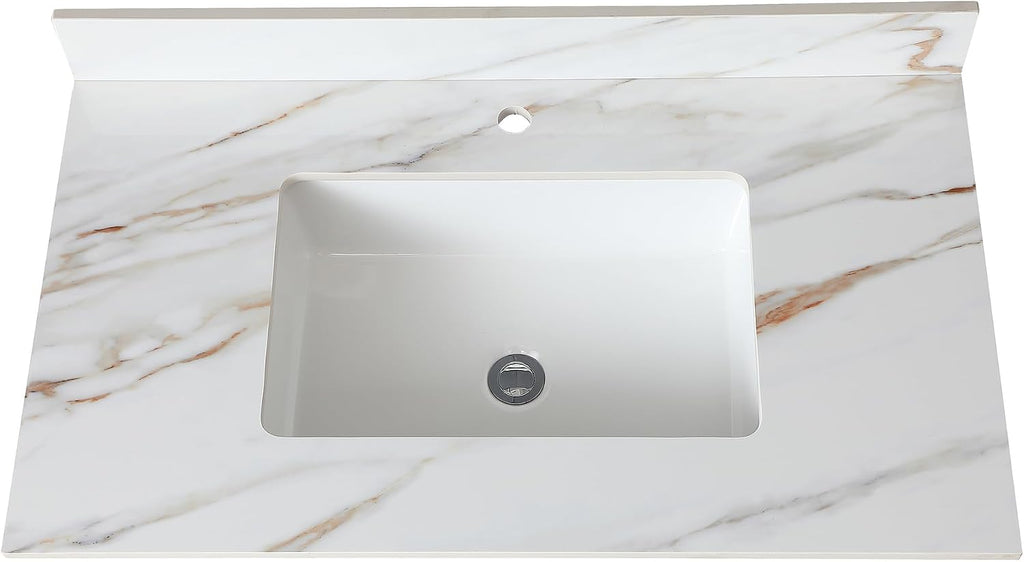 Montary 37'x 22' Vanity Top with Sink for Bathroom, Rectangular Undermount Ceramic Sink & Backsplash, Single Bowl Vanity Top with Safety Overflow Hole