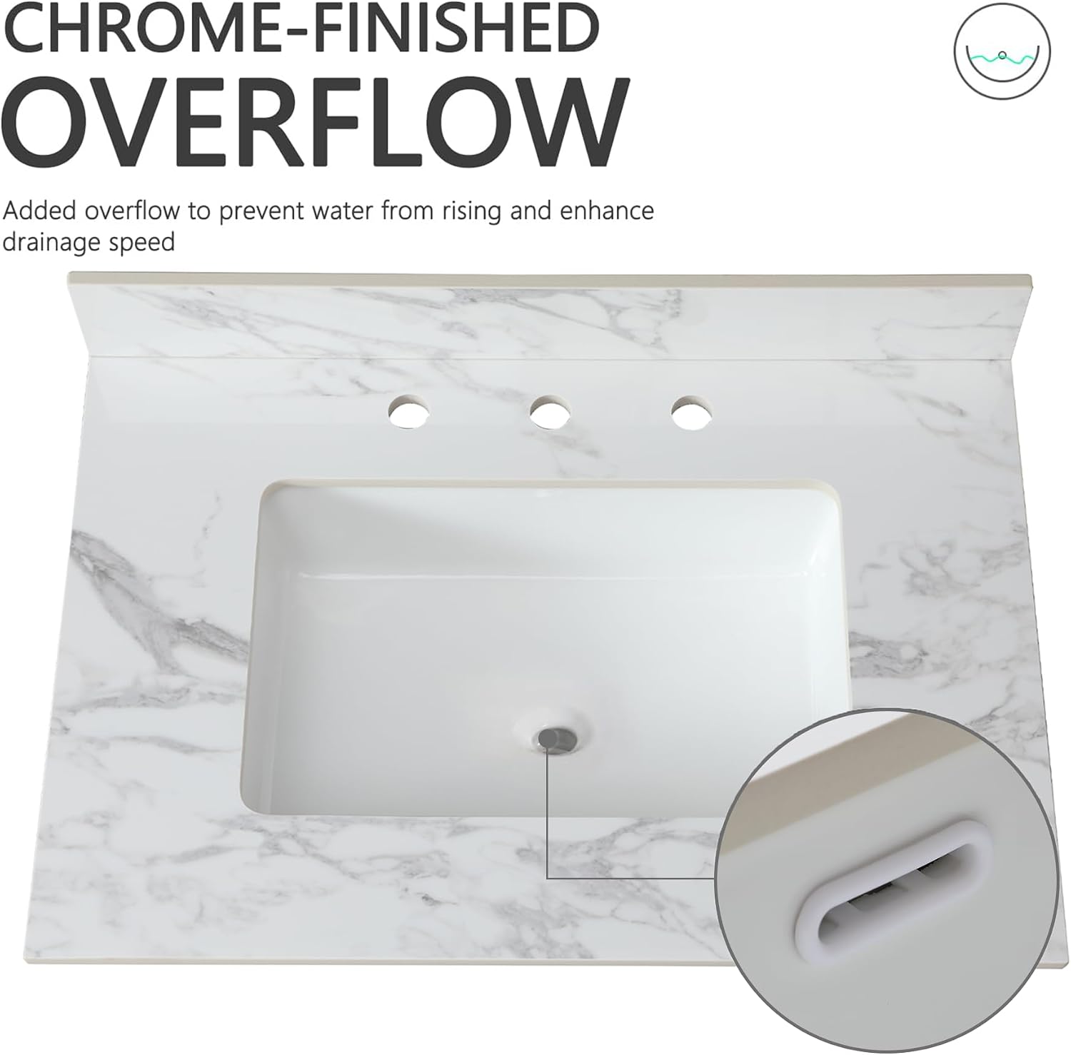 Montary 31'x 22' Bathroom Vanity Top with Undermounted Large Ceramic Sink & Backsplash, Sintered Stone Artificial Marble Vanity Sink Tops with 3 Pre-Drilled Hole, Carrara White