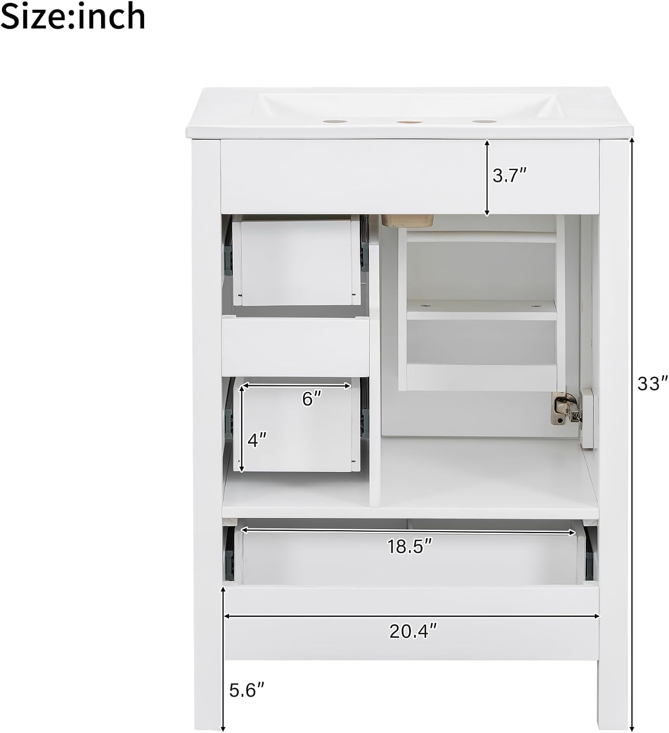 24' Bathroom Vanity with Sink, Harper & Bright Designs Free Standing Single Vanity Set with 3 Drawers and One Door with Storage Racks, Solid Wood Storage Cabinet with Ceramic Basin for Bathroom, White