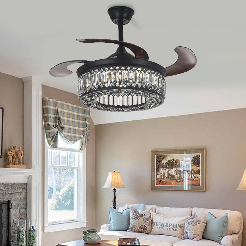 42' Crystal Ceiling Fan Fandelier with Lights and Remote Control Modern Chandelier Ceiling Fan with Reversible Blades 6 Speed, 3 Timing for Dining Room Living Room Bedroom,Black