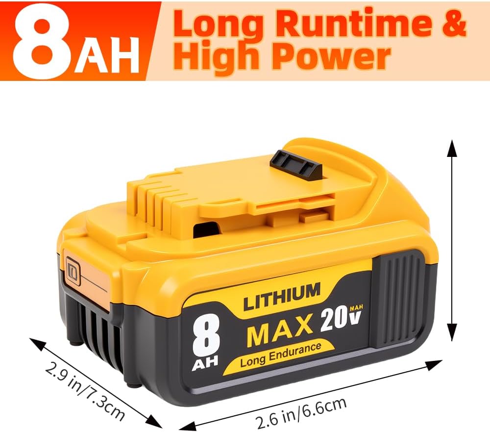 1Pack 8.0Ah 20V Battery Replacement for Dewalt 20V Lithium Battery Compatible with Dewalt 20 Volt MAX XR DCB200 DCB201 DCB203 DCB204 DCB205 DCB206 DCD DCF DCG Series Cordless Power Tools