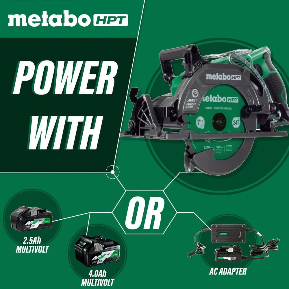 Metabo HPT 36V MultiVolt 7-1/4 Inch Rear Handle Circular Saw, Tool Only – No Battery, Lightest Weight in Its Class, 53° Bevel Capacity, High-Capacity Cutting, C3607DWAQ4