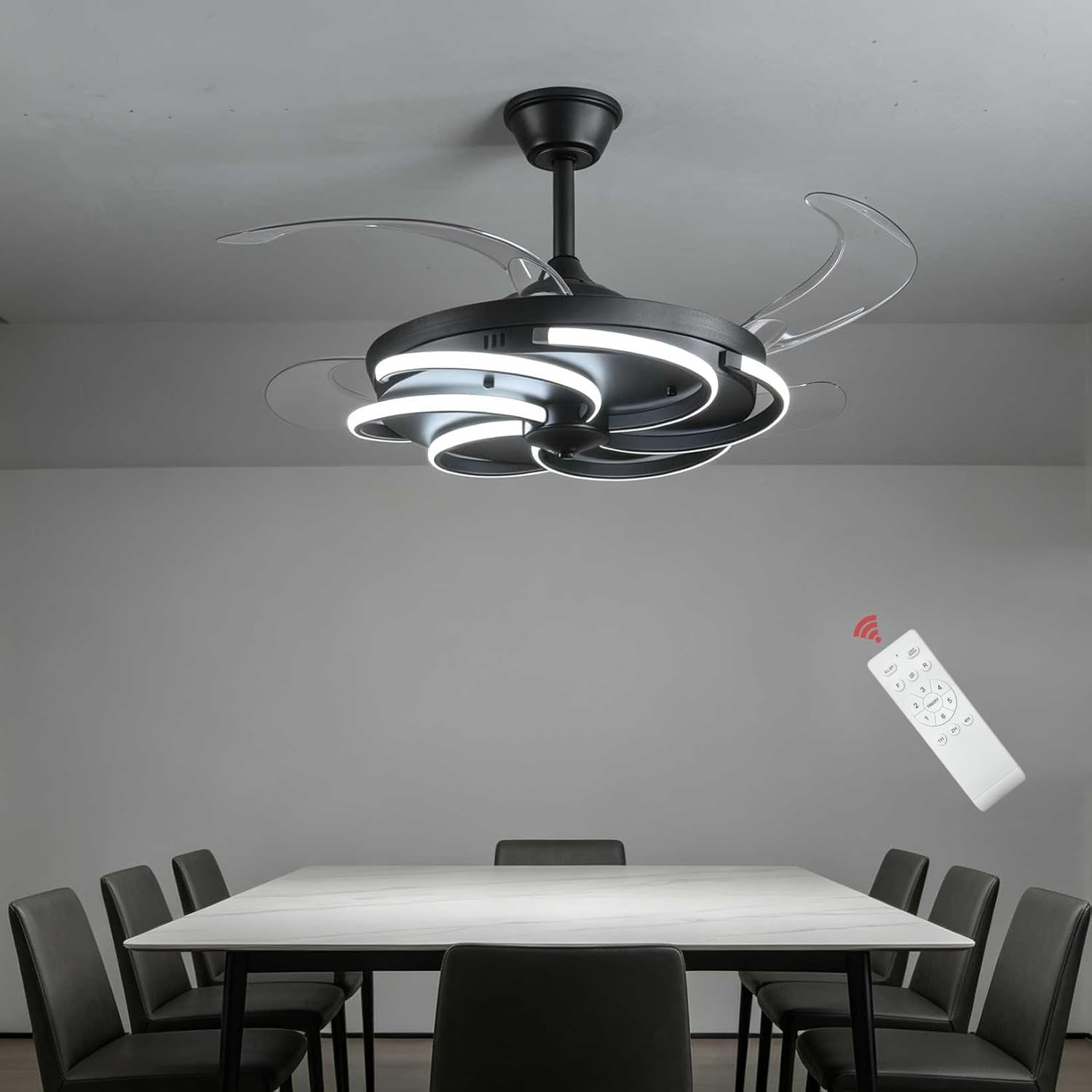 42' Retractable Ceiling Fan with Lights Modern Fandelier Fan Light with Remote Bladeless Fan Ceiling Light for Bedroom Living Room 6 Speed Black (Black RFL25012)