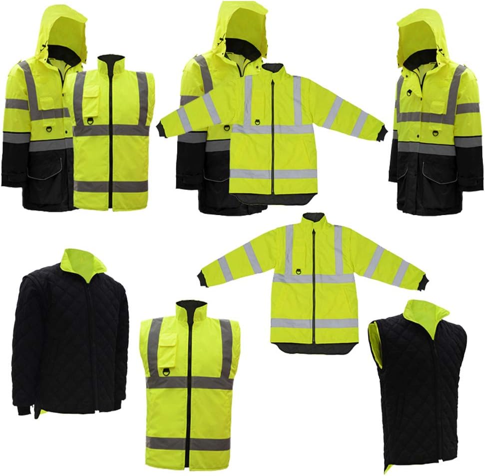 ANSI Class 3 High Visibility 7 in 1 Safety Winter Jacket For Men Safety Coat Traffic Reflective Parka Jacket