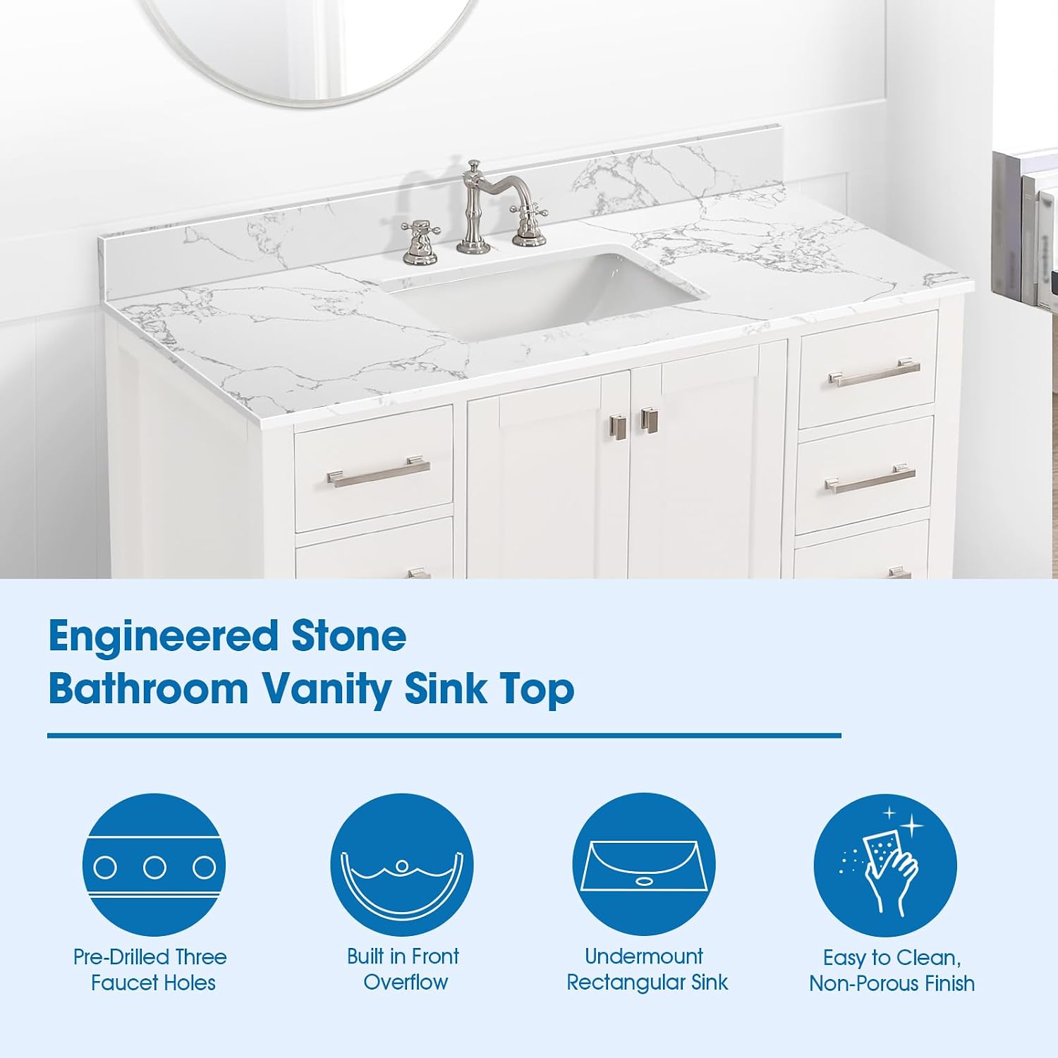 48 Inch Engineered Stone Bathroom Vanity Sink Top, with Undermount Rectangular Middle Sink, Vanity Countertop with 8 inch Faucet Hole Spacing and Backsplash in Lightning White