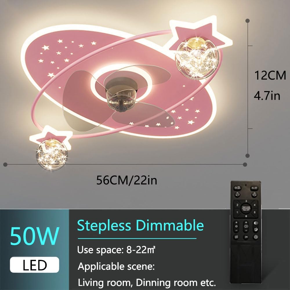 Pink Ceiling Fans with Lights 50W LED Dimmable Ceiling Lighting Remote 6 Speeds Mute Ceiling Fan for Kids Room Girls Bedroom Nursery