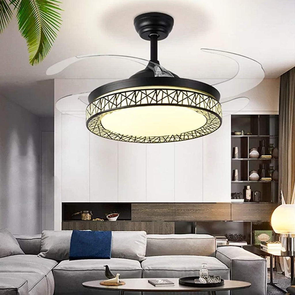 42' Ceiling Fan with Light, Modern Invisible Ceiling Fan Chandelier with Retractable Blade, Dimmable LED 3 Lighting 3 Speeds Change Ceiling Fans Lights with Remote Control (Black)