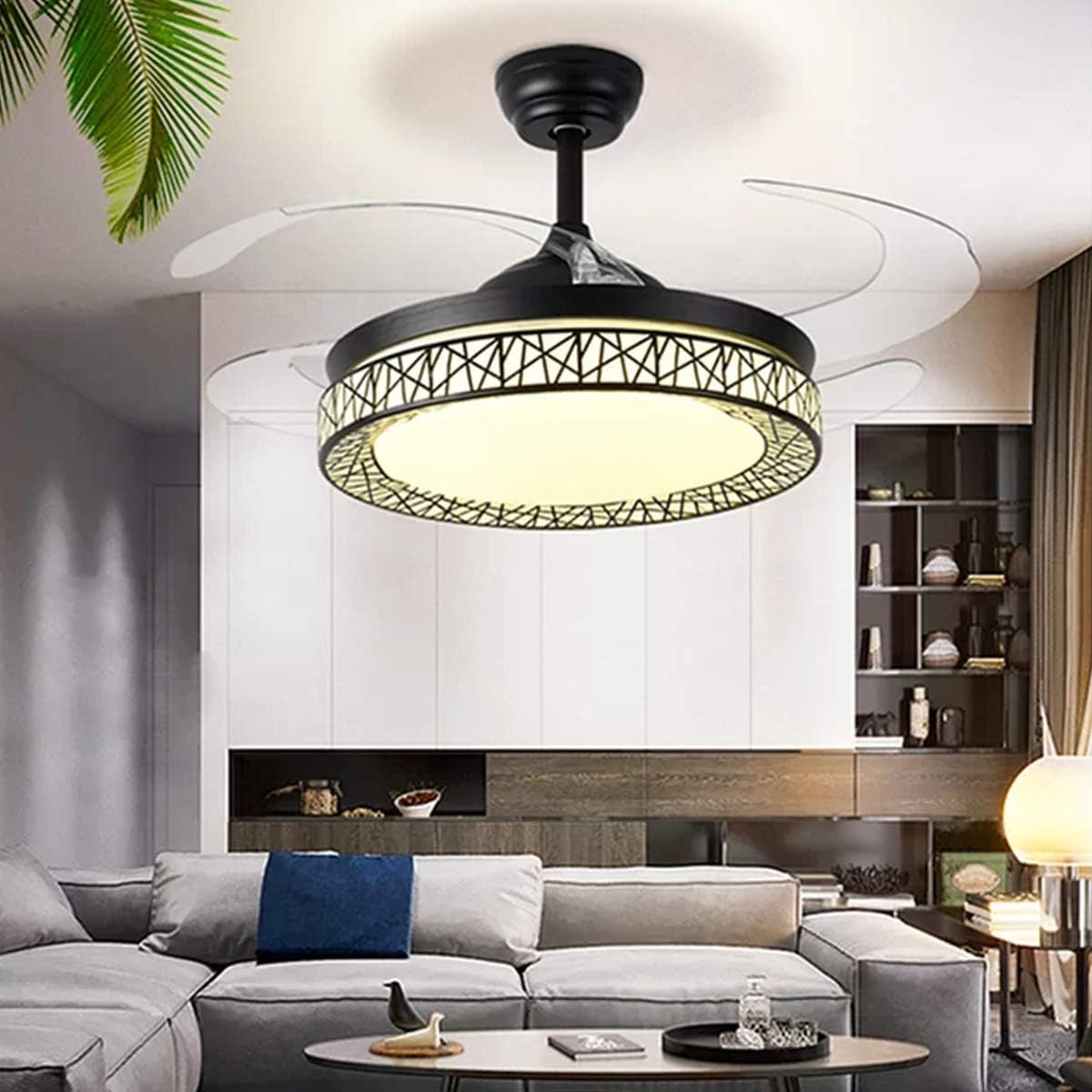 42' Ceiling Fan with Light, Modern Invisible Ceiling Fan Chandelier with Retractable Blade, Dimmable LED 3 Lighting 3 Speeds Change Ceiling Fans Lights with Remote Control (Black)