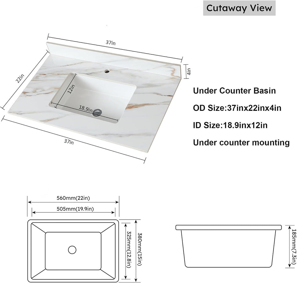 Montary 37'x 22' Vanity Top with Sink for Bathroom, Rectangular Undermount Ceramic Sink & Backsplash, Single Bowl Vanity Top with Safety Overflow Hole