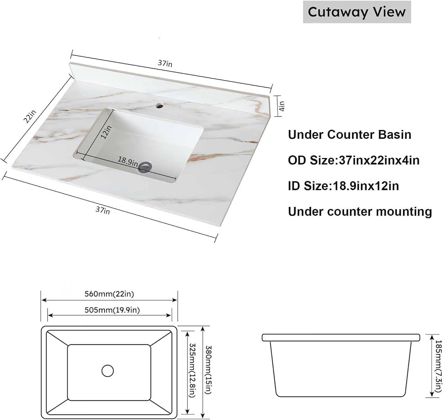 Montary 37'x 22' Vanity Top with Sink for Bathroom, Rectangular Undermount Ceramic Sink & Backsplash, Single Bowl Vanity Top with Safety Overflow Hole