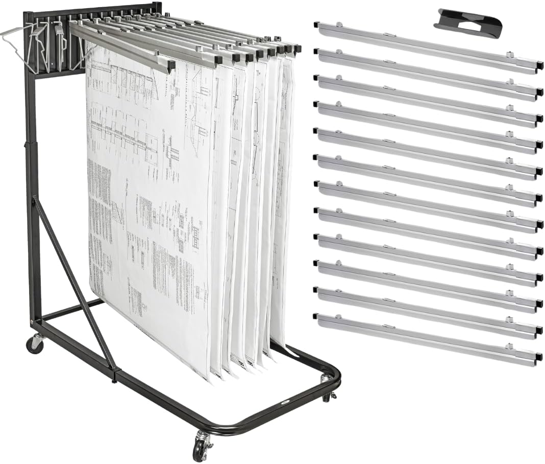 Adir Blueprint Rack and Clamps - 12 Pack of 36 Inch Blueprint Clamps and Mobile Blueprint Rack - Heavy-Duty Large Document Storage Solution for Blueprints, Posters, Maps, & Construction Plans