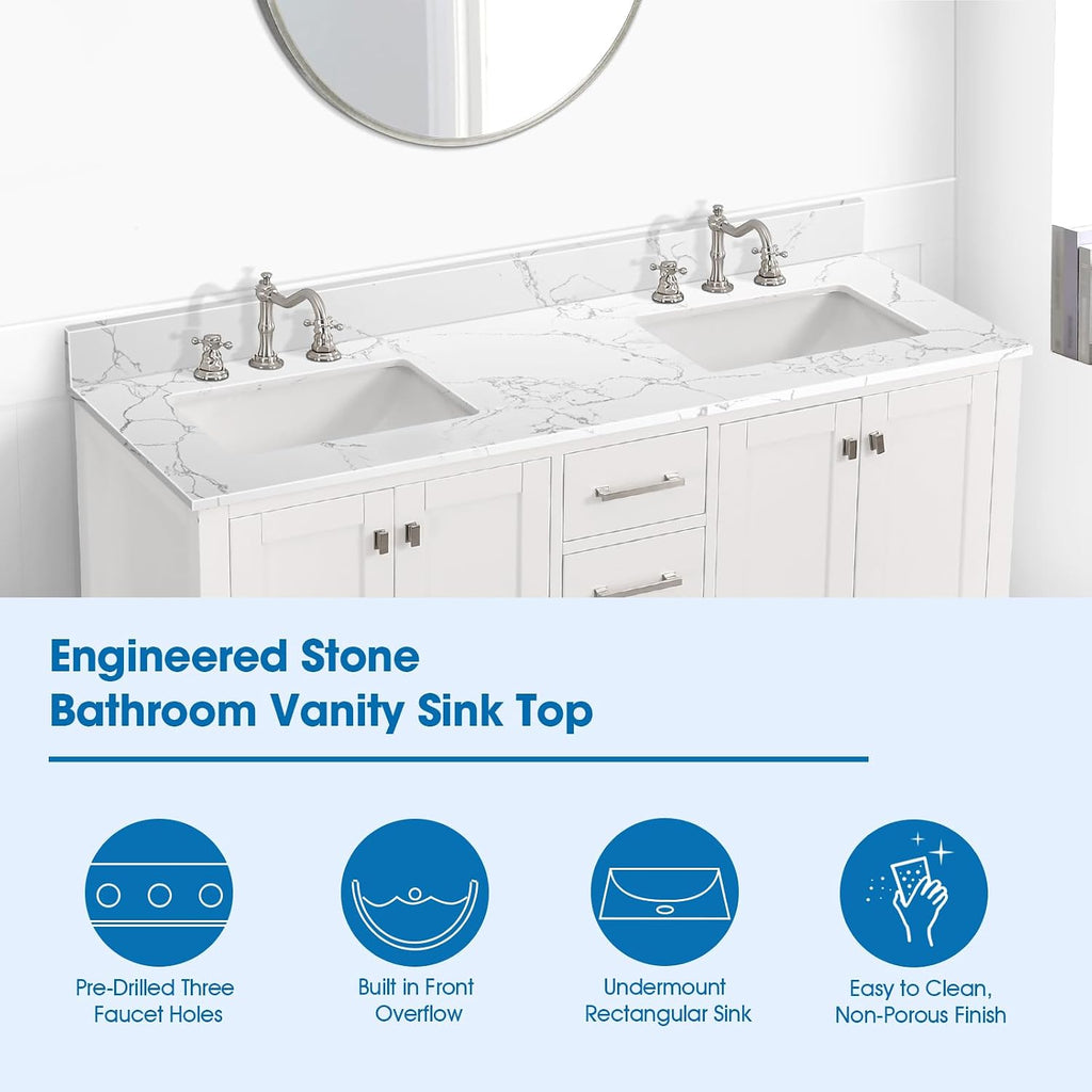 60 Inch Engineered Stone Bathroom Vanity Sink Top, with Undermount Rectangular Double Sinks, Vanity Countertop with 8 inch Faucet Hole Spacing and Backsplash in Lightning White