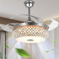 42 Inch Crystal Ceiling Fans with Lights Retractable Fandelier with Remote Control with 3 Colors 3 Speed Chandelier Fan for Living Room Dining Room Bedroom，Silver
