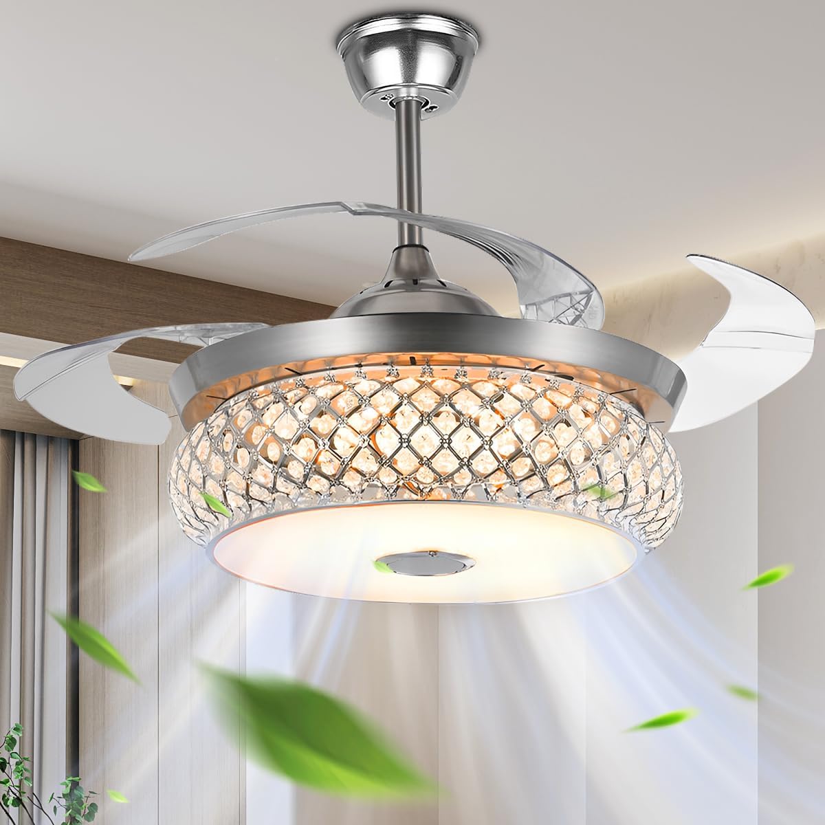 42 Inch Crystal Ceiling Fans with Lights Retractable Fandelier with Remote Control with 3 Colors 3 Speed Chandelier Fan for Living Room Dining Room Bedroom，Silver