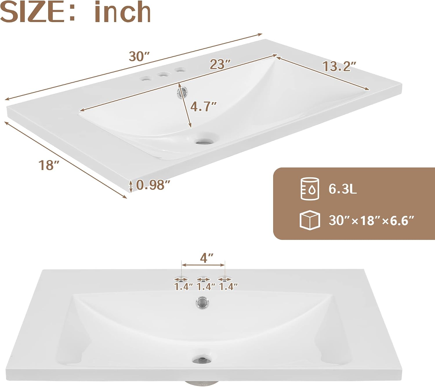 30'x18' Bathroom Vanity Sink Top Only, Center-Located Undermount Countertop, Fit for 4' Centerset Faucet (Not Included), White