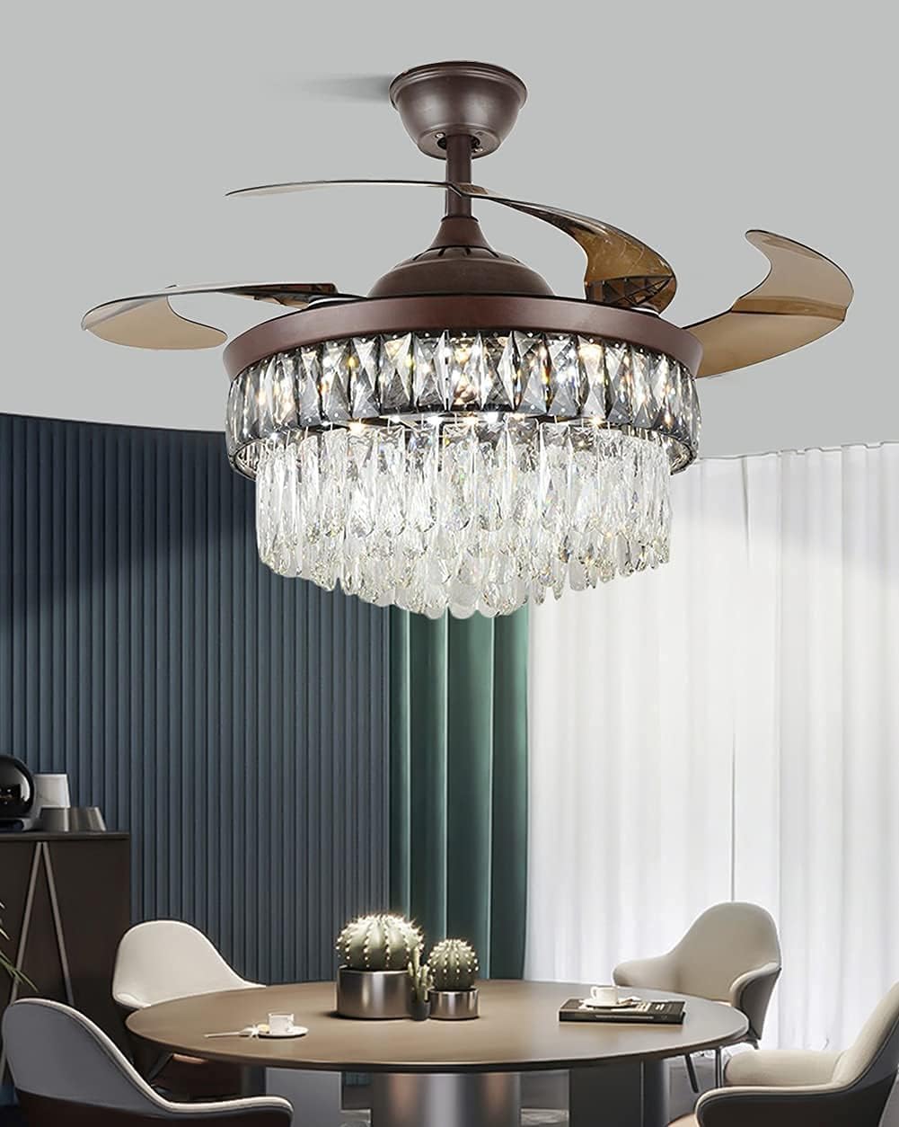 Fandian 42' Modern Crystal Ceiling Fan with Lights Remote Control Brown Chandelier Fixtures, Luxury Retractable Baldes Fandelier, 3 Color Lighting for Dining Room, Living Room