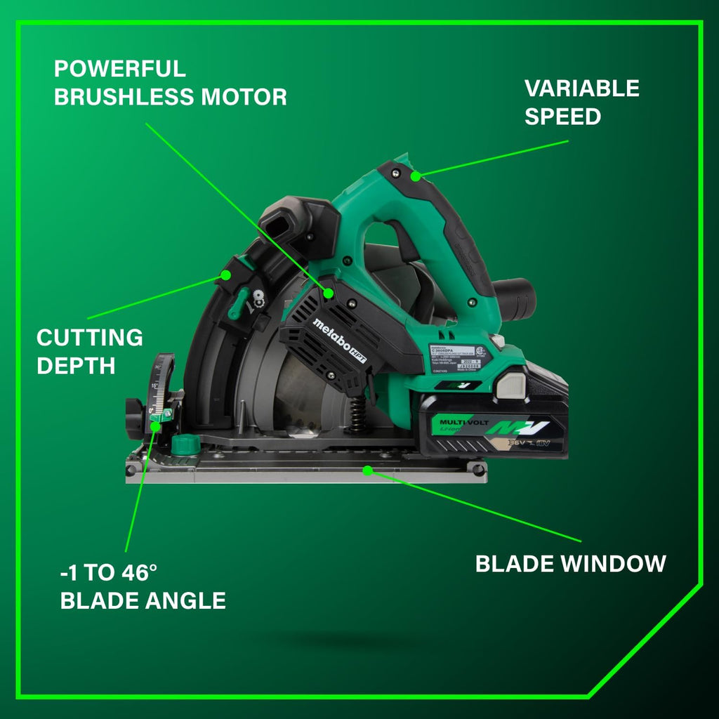 Metabo HPT 36V MultiVolt 6-1/2' Cordless Track Saw Kit, Adjustable Bevel -1 to 46°, Over 2-1/2' Cutting Depth, Lightweight Design, Includes 4.0Ah Metabo Battery and Rapid Charger, C3606DPA