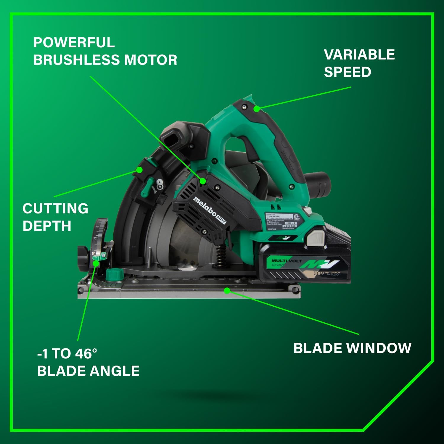 Metabo HPT 36V MultiVolt 6-1/2' Cordless Track Saw Kit, Adjustable Bevel -1 to 46°, Over 2-1/2' Cutting Depth, Lightweight Design, Includes 4.0Ah Metabo Battery and Rapid Charger, C3606DPA
