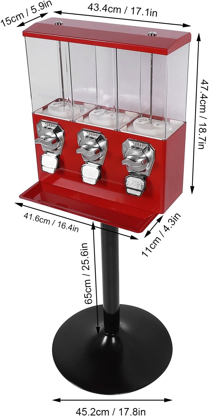 Candy Vending Machine, Candy Machine Dispenser with Stand Anti Theft Keys Triple Individual Candy Boxes, for Toy Capsules Bouncy Balls Candy Nut